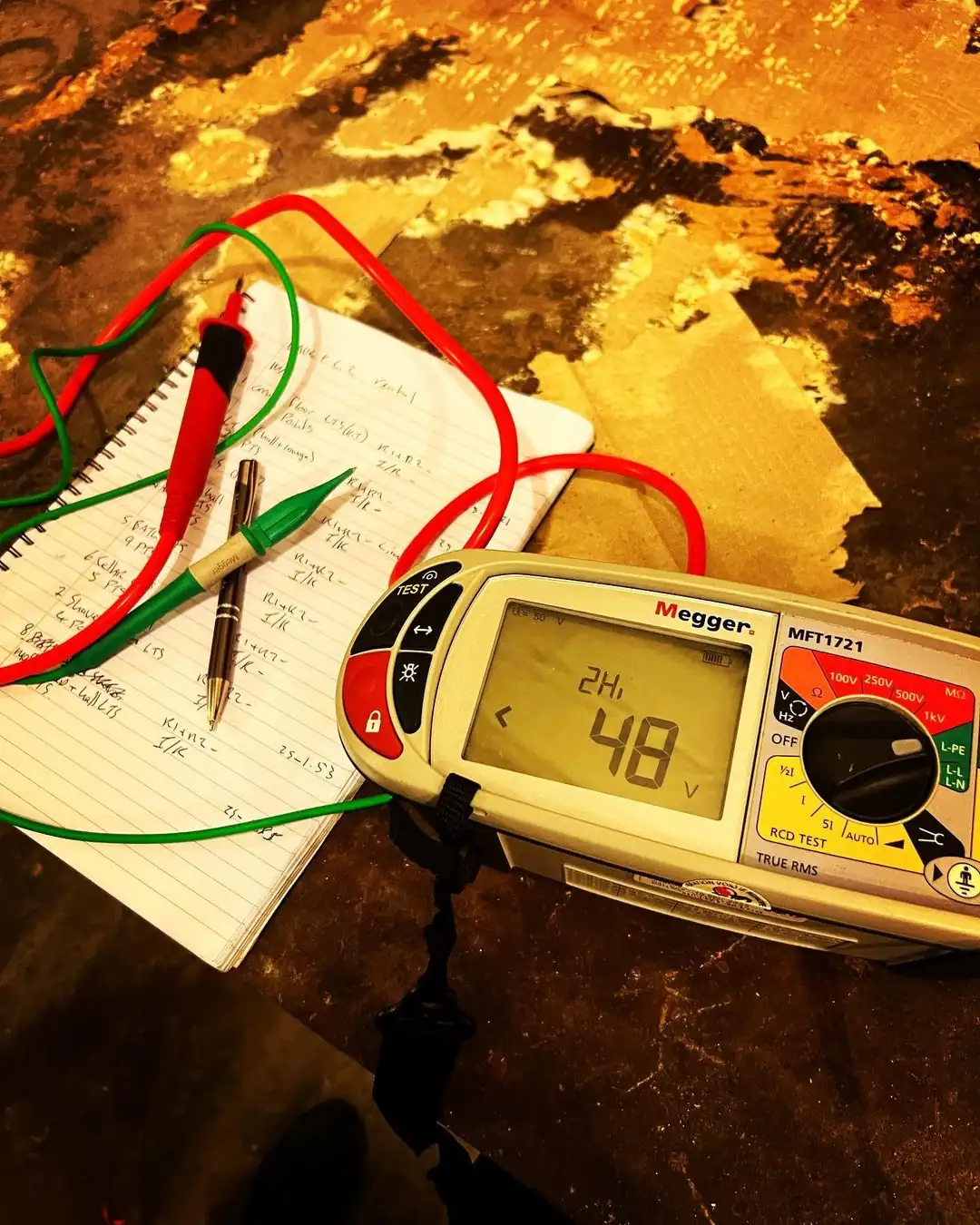 Electrical tester displaying 48V reading, with red and green test leads resting on handwritten notebook