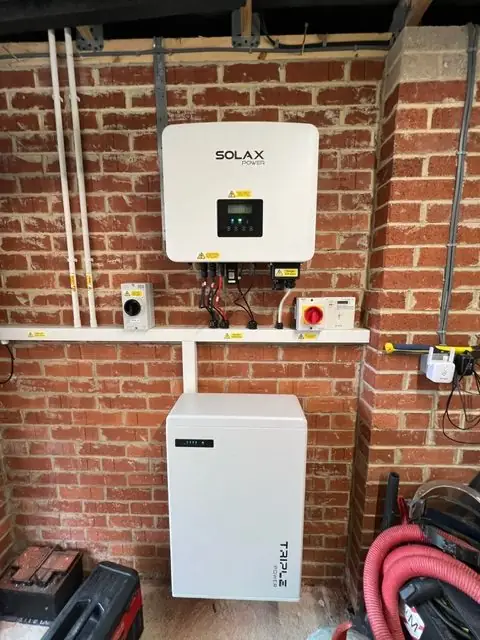 Residential solar power system installed on brick wall